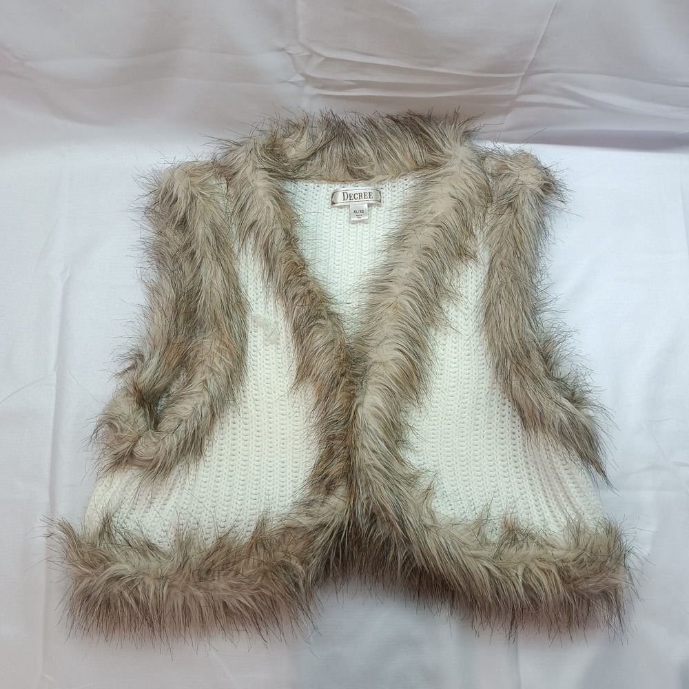 Decree Womens XL White Ribbed Knit Faux Fur Trim Vest Hook Eye Closure Boho Flaw